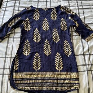 Navy and Gold Metallic Leaf Indian Boho Print Women's‎ Dress sz L